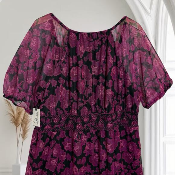 Terra & Sky Midi Dress NEW Sz 2X Smocked Mesh Bold Roses Berry Wine Lined Bohe - Picture 4 of 9